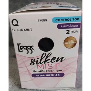 Leggs Silken Mist Tights Q Black Mist Control Top Ultra Sheer Run Resist 2 Pairs